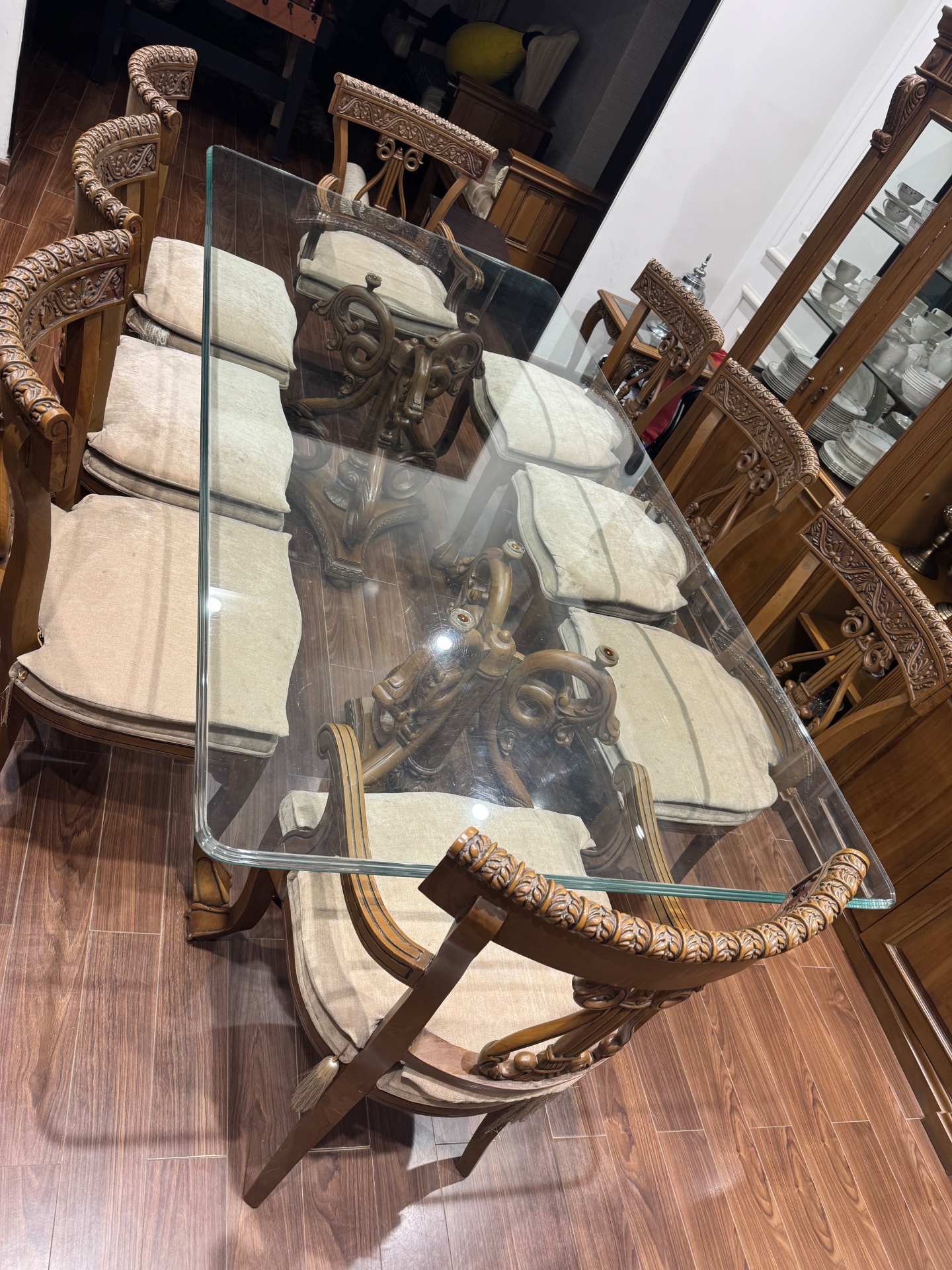8 seater dining table with show case cupboard 