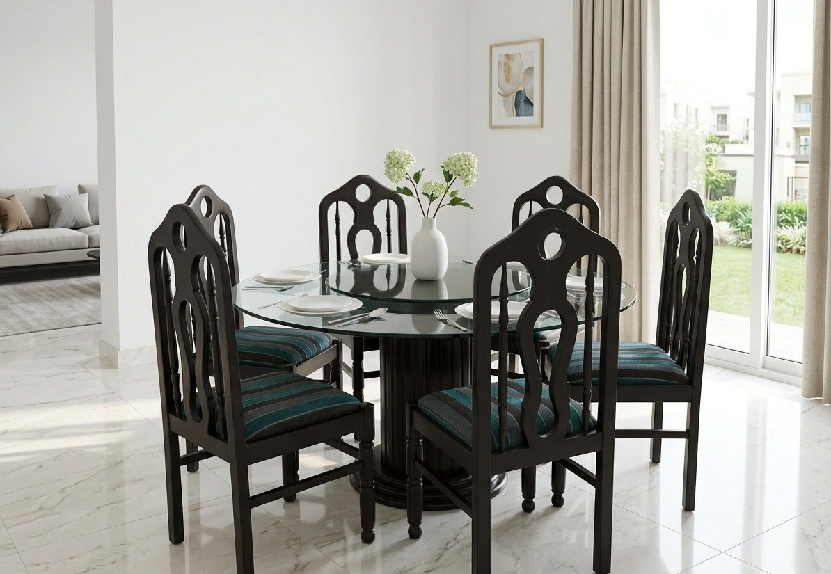 6 seater round table with glass top